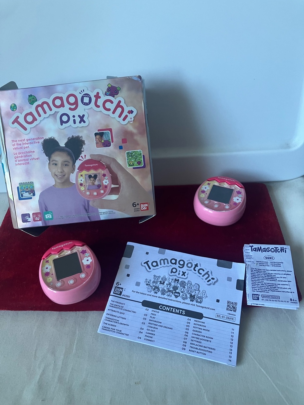 Lot of 2 Tamagotchi Pix Pink Floral Virtual Pets Bandai CIB Box Tested Works.